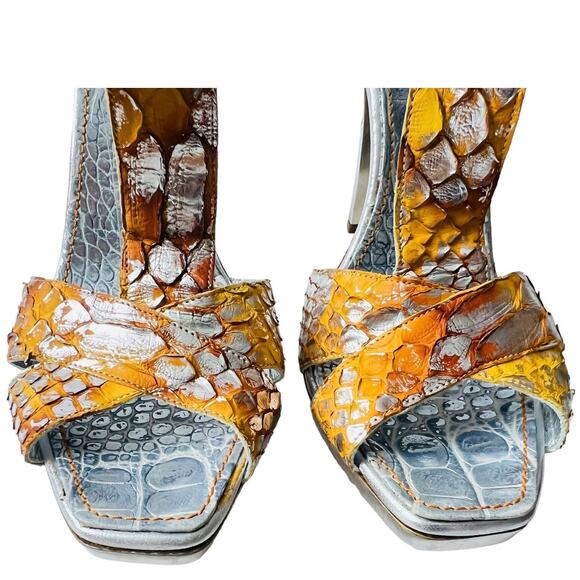 New Massimo Dogana Snake Leather Heel Sandals Size 9.5 US  Silver / Yellow Color - Picture 3 of 16